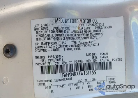 2007 Ford Focus S/Se/Ses from USA, damaged, VIN 1FAFP34NX7W131155